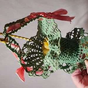 Vintage Handmade Crochet Gift Basket With Handle IOOF Rebekah Colors Pink Green